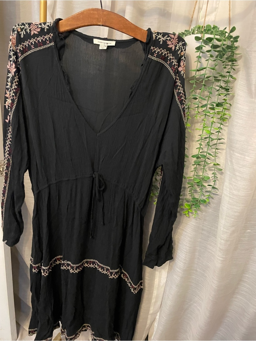 American Eagle Boho Embroidered V-Neck Black Dress